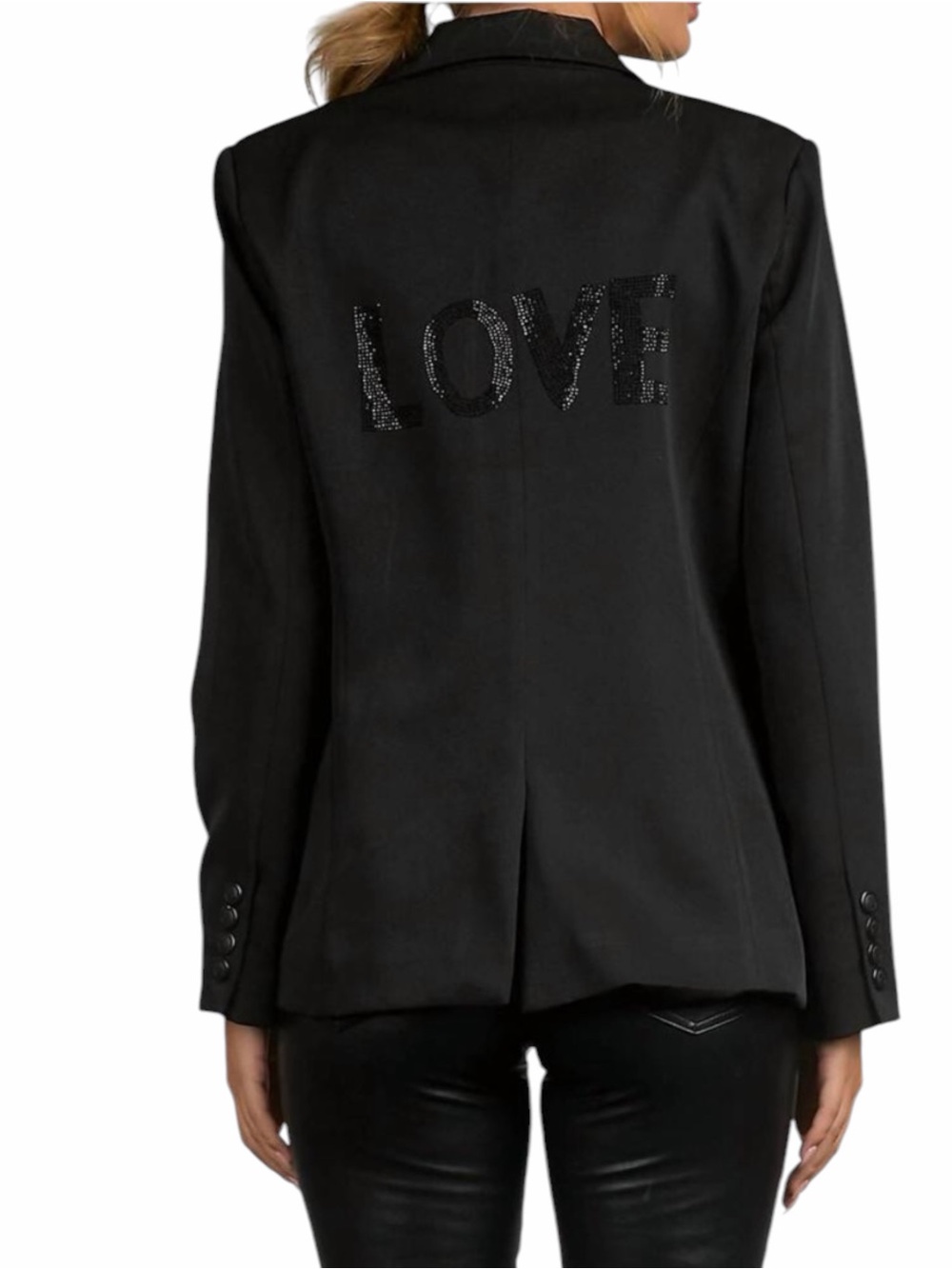 Elan – Rhinestone LOVE Blazer – One-Button – Black – Sz. L